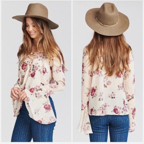 Show Me Your MuMu Tops - NWT S Floral Lace-Up Bell Sleeve Cream Pink Top Blouse Zuko MuMu Boho Top